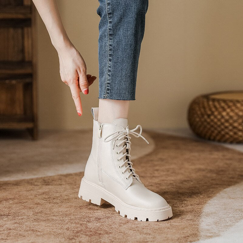 creamtopmall Women Short Boots Exquisite Ankle Autumn Spring Thick Sole Lace Up Lady Short Boots Zipper Elastic Slender Knight Boots