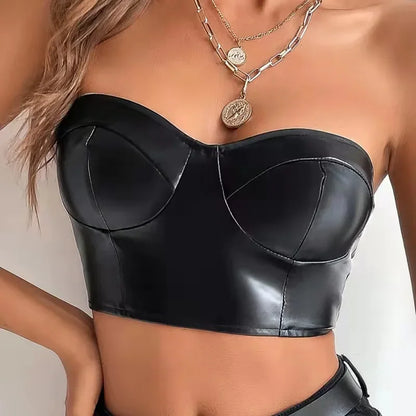 creamtopmall-Sexy Tank Top Glossy PU Leather Halter Crop Tops Women Wrap Chest Bare Midriff Camisole Sleeveless  Tube Top Female Cropped Vest