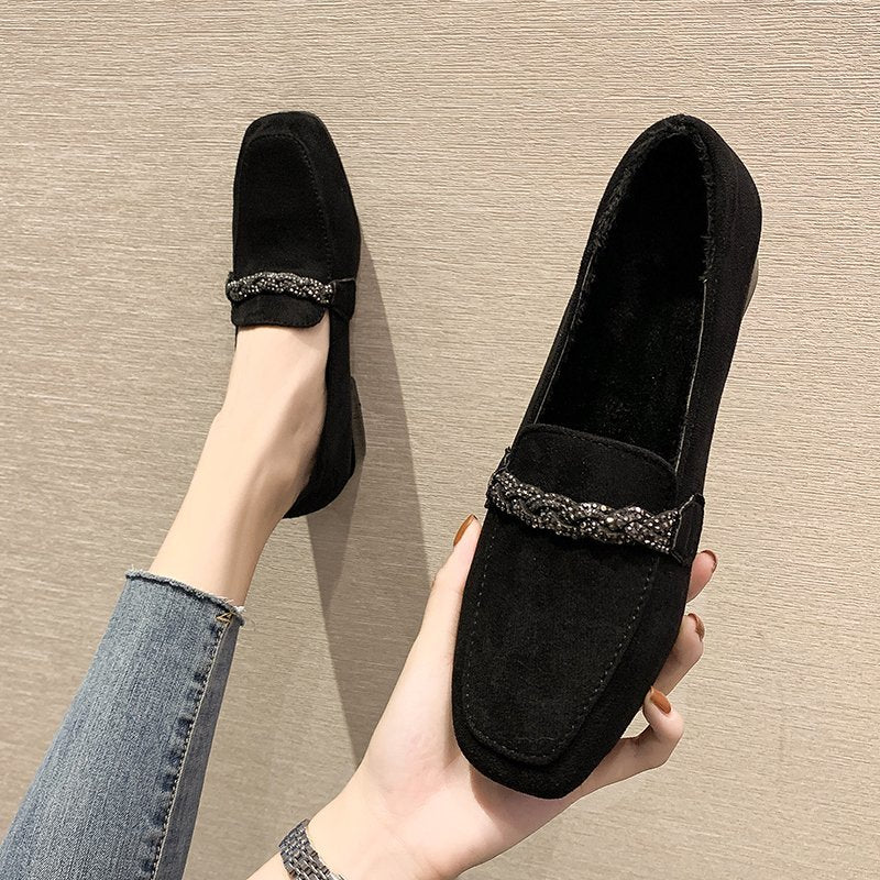 creamtopmall Autumn Winter Women Loafers Low Heels Boat Shoes Square Toe Dress Shoes Chain Faux Suede Plush Warm Ladies Shoes