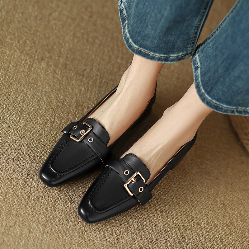 Antmvs  new women pumps natural leather 22-25cm length cowhide+pigskin full leather Square toe Buckle Square heel ladies shoes