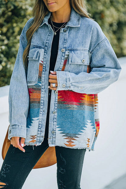 Creamtopmall Retro Aztec Lapel Pocket Denim Patchwork Jacket