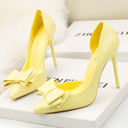 Graduation Gift Fashion Sweet Bow High Heels Stiletto High Heels Shallow Mouth Pointed Side Hollow Luxury Designer Heels Party Shoes Woman