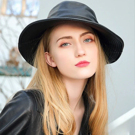 Antmvs- New Spring/Winter Japanese Women Genuine Leather Bucket Hats Men/Women Black Fisherman Caps Easy Carry Street Bonnet