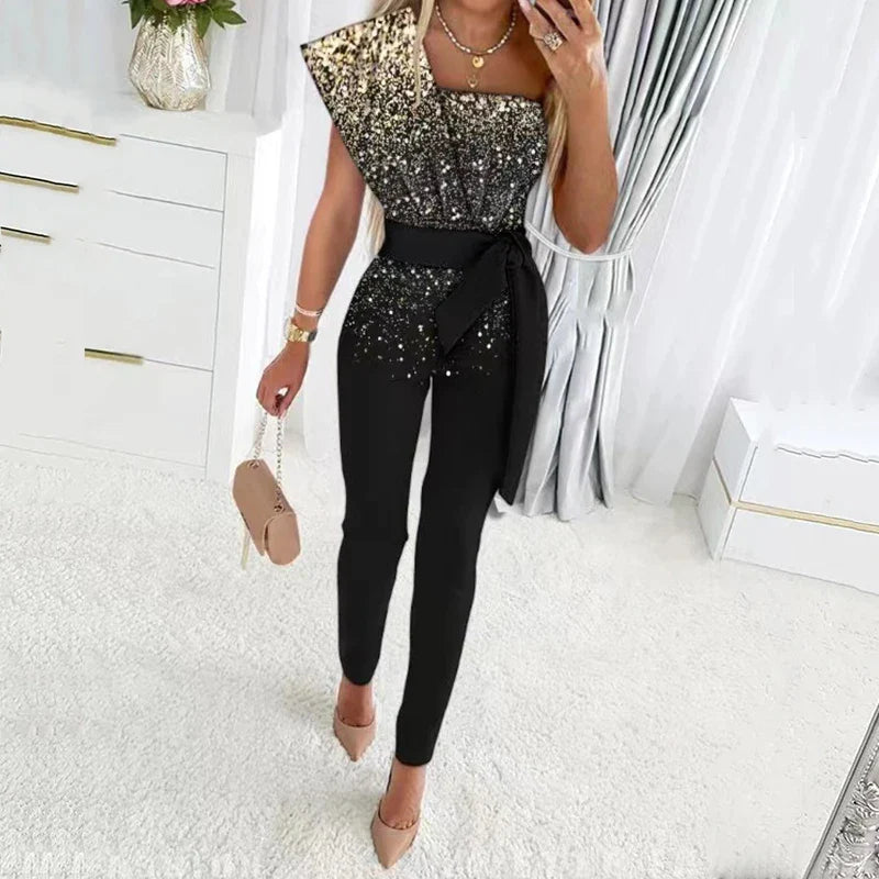 Women Sequin Sharkly Shiny Party Jumpsuit Spring Eleagnt One Shoulder Draped Office Playsuit Summer Hollow Out Straight Overalls