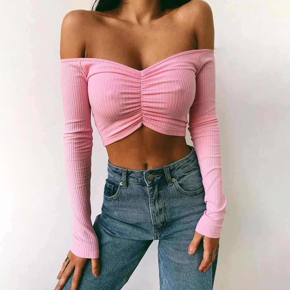 creamtopmall-Sexy Off Shoulder Bare Midriff Folds Rib T Shirt Women Long Sleeves Slash Neck Short Tshirt Ladies Tee Shirt Camisetas Mujer