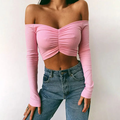 creamtopmall-Sexy Off Shoulder Bare Midriff Folds Rib T Shirt Women Long Sleeves Slash Neck Short Tshirt Ladies Tee Shirt Camisetas Mujer