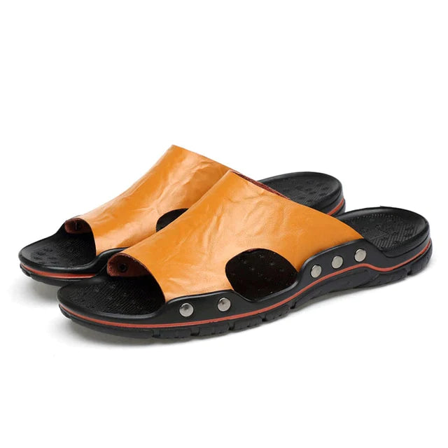 creamtopmall-Summer Men Slippers Genuine Leather Breathable Clogs Sandals Beach Classics Leather Slides Outdoor Flip Flops Plus Size Men Shoe