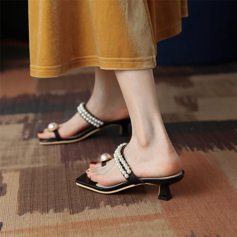 creamtopmall New Summer Women Sandals Pearl Beads Square Toe Stiletto Heel Females Slippers Fashion High Quality Simplicity Breathable mules