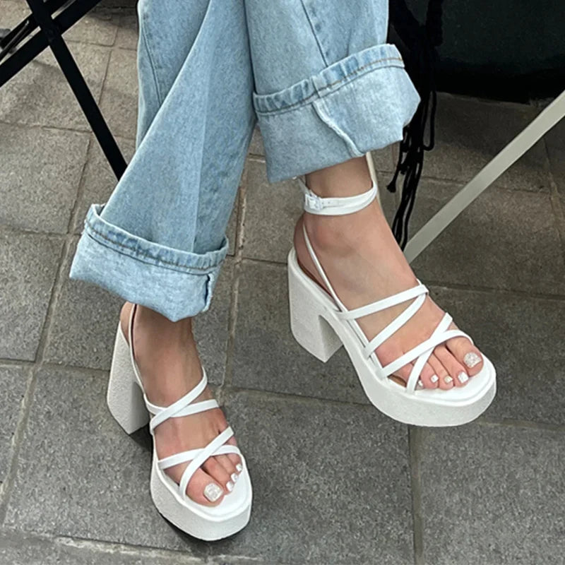 creamtopmall-Brand Women High Heels Party Shoes Chunky Sandals  New Summer Cross Tied Sexy Pumps Rome Ladies Shoes Slippers Mujer Zapatos