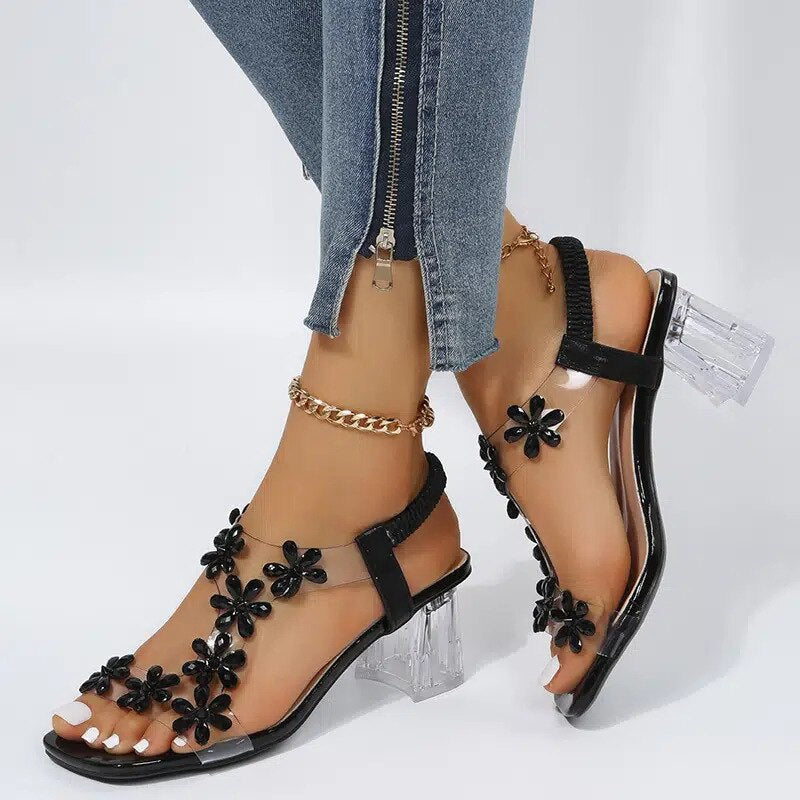 Graduation Gift High-heeled Sandals Women Summer New Style Fashion Small Flower Decoration Buckle Transparent Square Heel Women Shoes