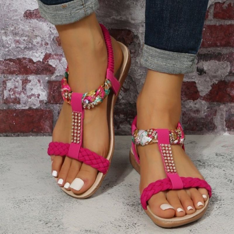 creamtopmall Summer Flat Sandals for Women  Rhinestone Elastic Back Strap Gladiator Sandals Woman Comfortable Non Slip Beach Shoes