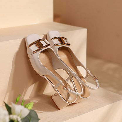 creamtopmall Sheepskin Women's Sandals Patent Leather Metal Buckle Female Single Shoes Classic Thick Middle Heel Square Head Ladies Pump