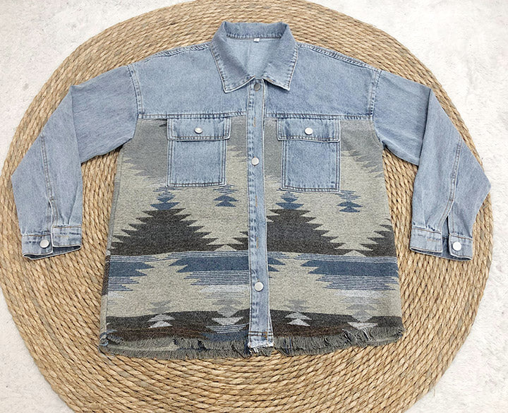 Creamtopmall Retro Aztec Lapel Pocket Denim Patchwork Jacket