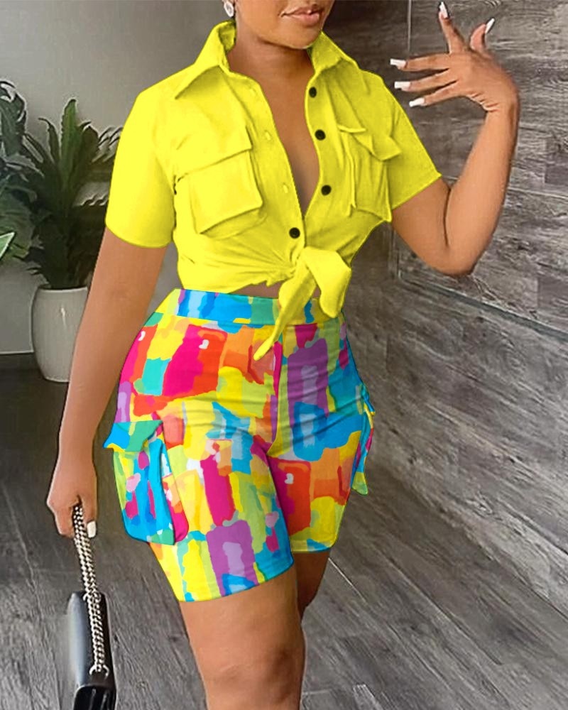 creamtopmall Two Piece Sets Women Outifits 2023 Summer Fashion Print Turn-Down Collar Short Sleeve Tied Detail Top & Casual Pocket Shorts Set