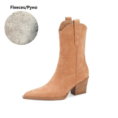 creamtopmall NEW Autumn Women's Boots Cow Suede Shoes Women Pointed Toe Chunky Heel Women Boots Winter Short Western Boots Women Cowboy Boots