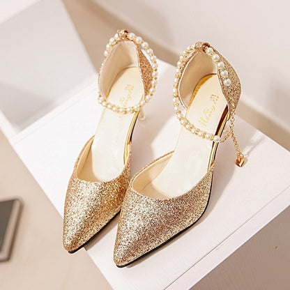 creamtopmall   Pointed toe Pearl High heels shoes Female Fashion hollow with Sandals Paillette of the Thin Breathable shoes Women Pumps