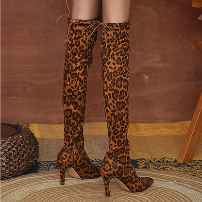 creamtopmall Autumn Boots  Women's Boots Heel Boots Daily Over The Knee Boots Winter High Heel Pointed Toe Leopard Tiger Leopard White leopard Tiger pattern