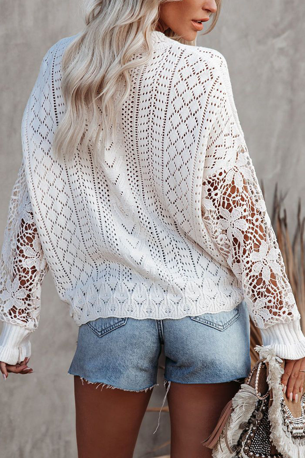 Creamtopmall Crochet Lace Pointelle Knit Sweater