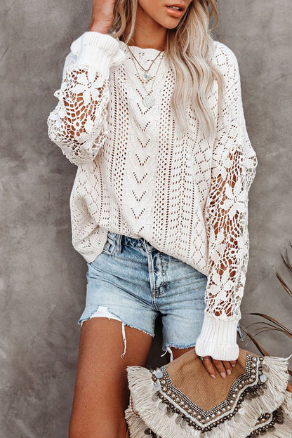 Creamtopmall Crochet Lace Pointelle Knit Sweater