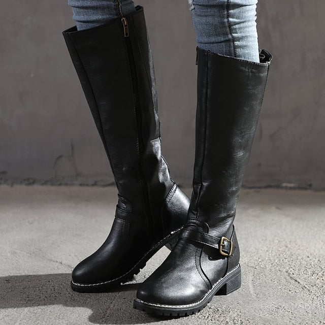 creamtopmall Autumn Boots  Women's Boots Riding Boots Knee High Boots Chunky Heel Round Toe PU Zipper Solid Colored Black Yellow Brown