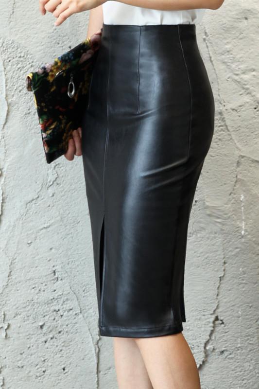 Creamtopmall Black PU Leather Bodycon Split Skirt