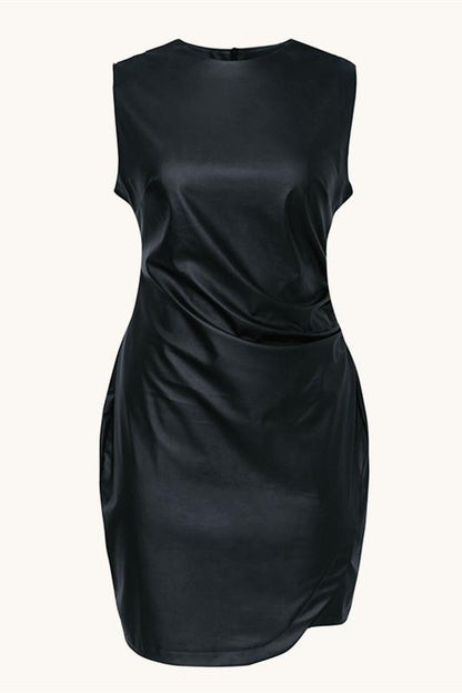 Creamtopmall Black PU Leather Ruched Bodycon Dress