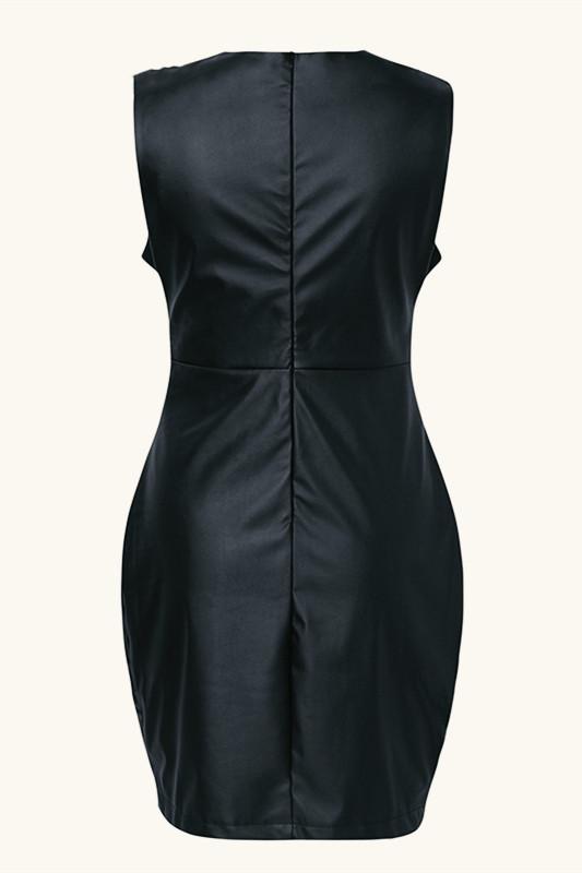 Creamtopmall Black PU Leather Ruched Bodycon Dress