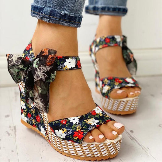 Creamtopmall Bohemian Flowers Knot Leisure Wedges Sandals