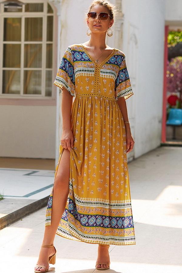 Creamtopmall Bohemian V Neck Slit Dress