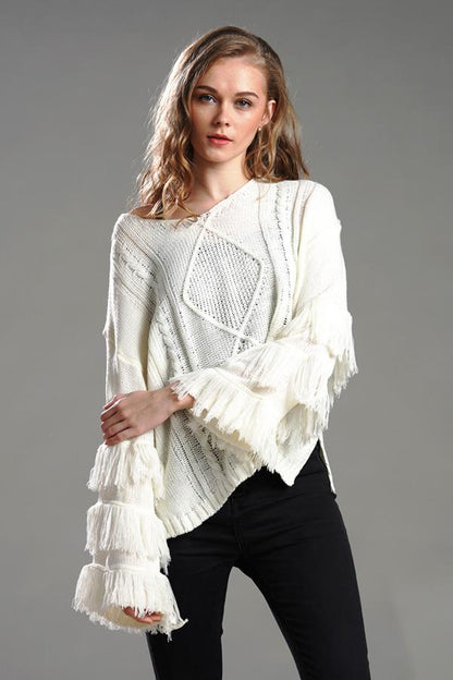 Creamtopmall Cable Knit Tassel Fluffy Sweater