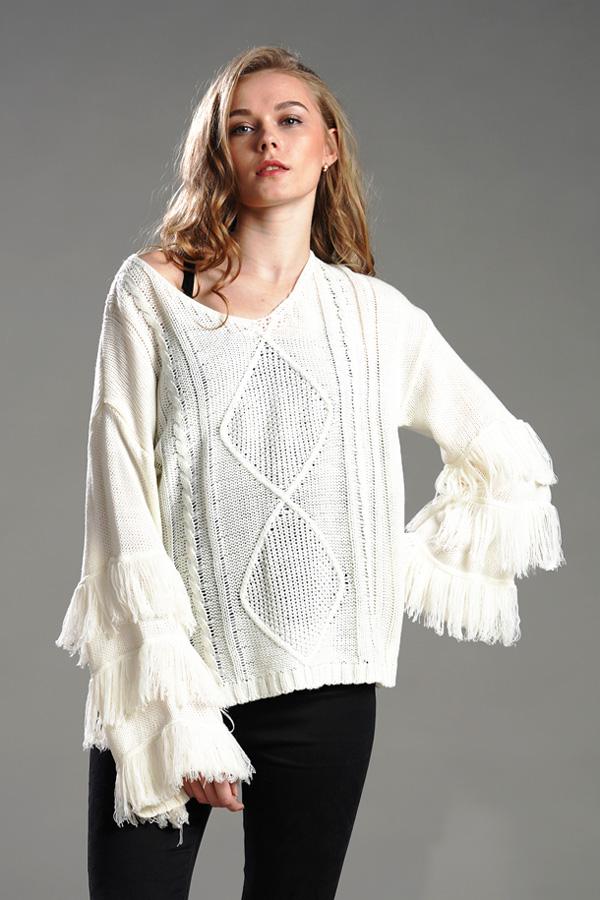 Creamtopmall Cable Knit Tassel Fluffy Sweater