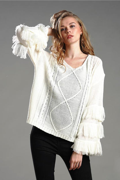 Creamtopmall Cable Knit Tassel Fluffy Sweater