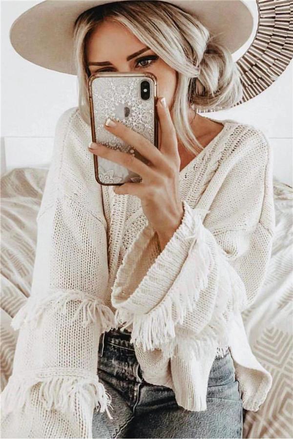 Creamtopmall Cable Knit Tassel Fluffy Sweater