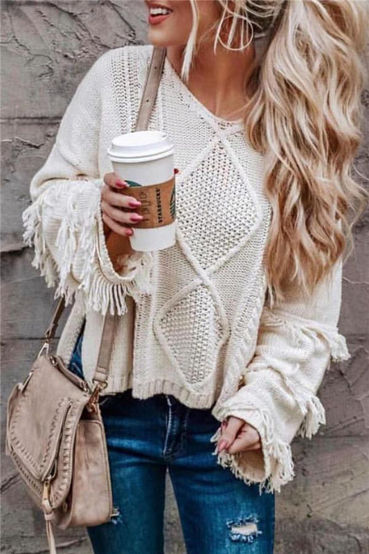 Creamtopmall Cable Knit Tassel Fluffy Sweater