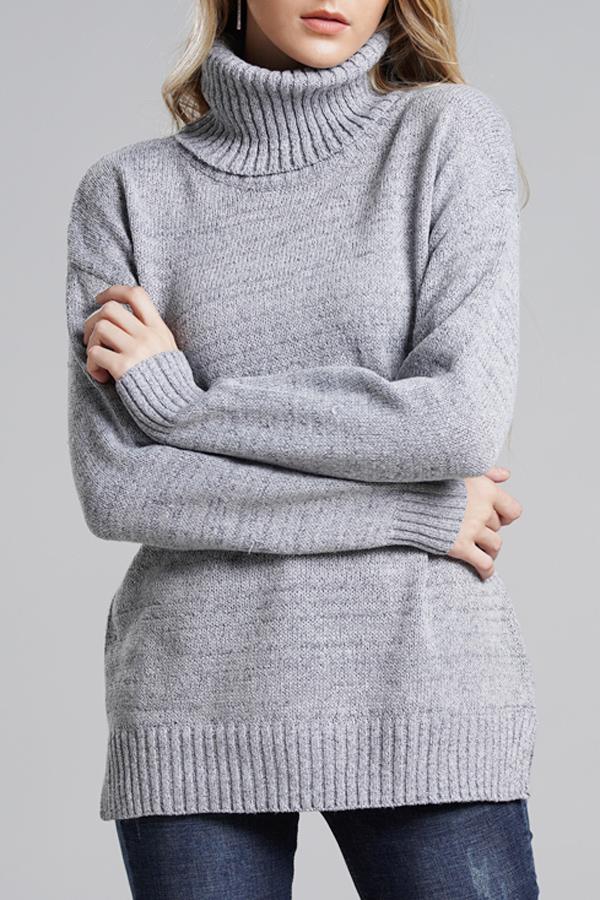 Creamtopmall Casual Knit High Neck Loose Sweater - Gray