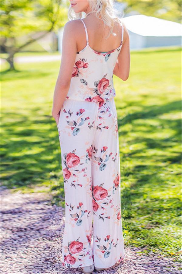 creamtopmall Casual Lace Up Floral Print Jumpsuit