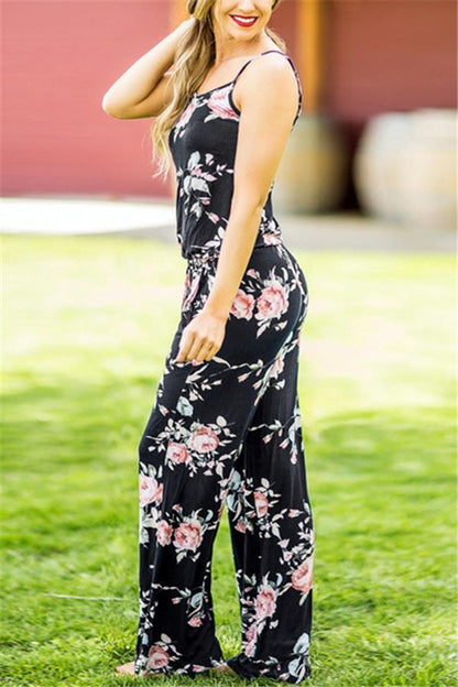 creamtopmall Casual Lace Up Floral Print Jumpsuit