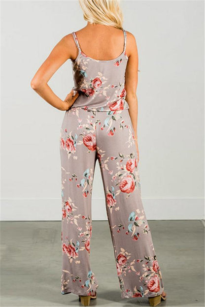 creamtopmall Casual Lace Up Floral Print Jumpsuit