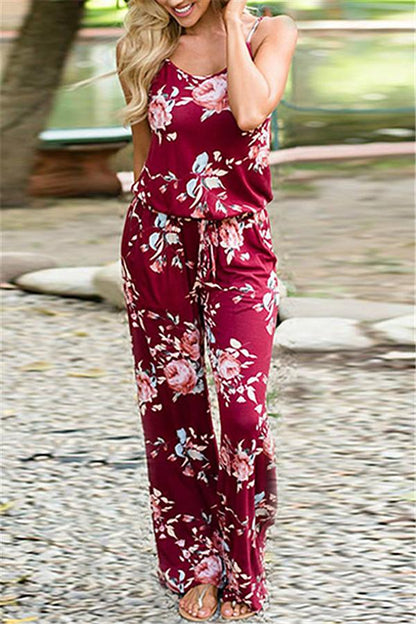 creamtopmall Casual Lace Up Floral Print Jumpsuit