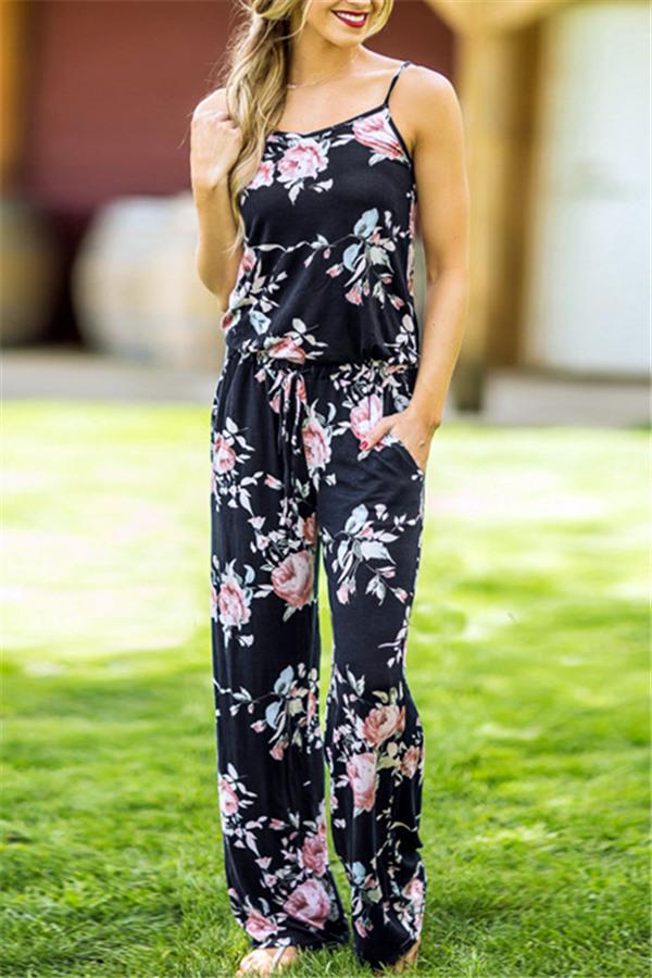 creamtopmall Casual Lace Up Floral Print Jumpsuit