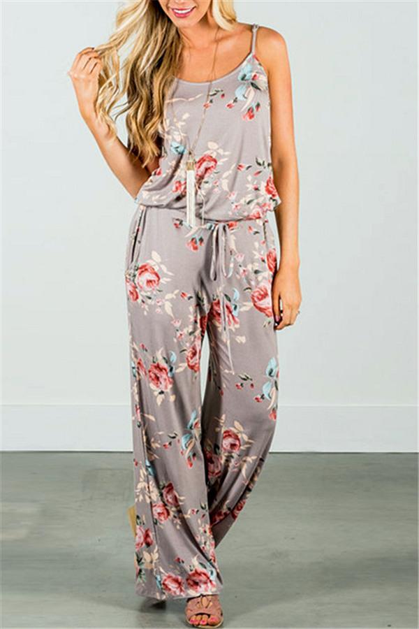 creamtopmall Casual Lace Up Floral Print Jumpsuit