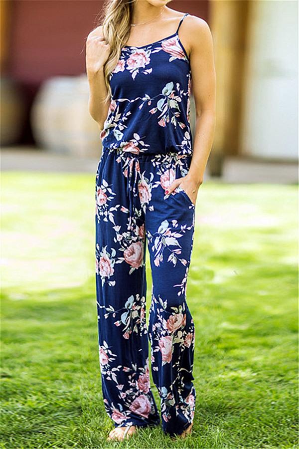 creamtopmall Casual Lace Up Floral Print Jumpsuit