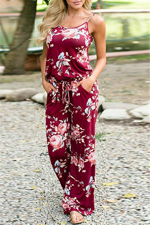 creamtopmall Casual Lace Up Floral Print Jumpsuit