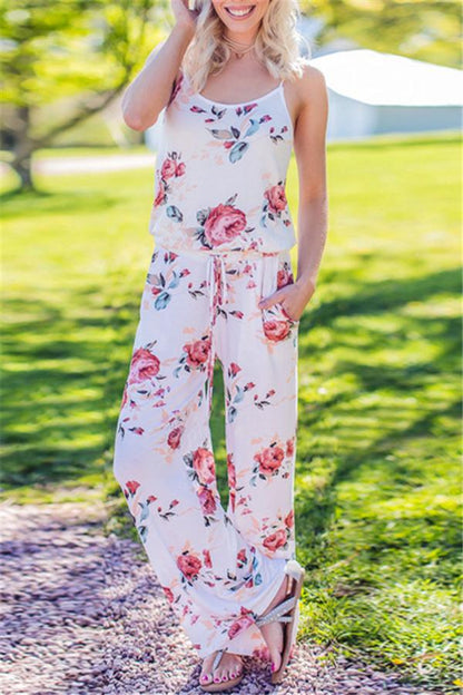 creamtopmall Casual Lace Up Floral Print Jumpsuit