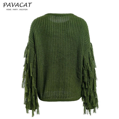 Creamtopmall Casual O Neck Tassel Sweater - Armygreen