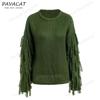 Creamtopmall Casual O Neck Tassel Sweater - Armygreen