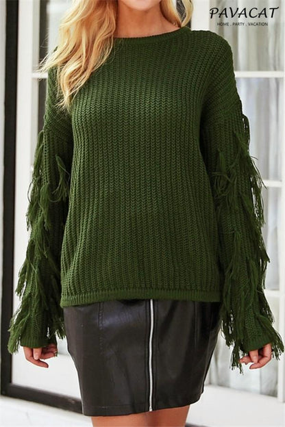 Creamtopmall Casual O Neck Tassel Sweater - Armygreen