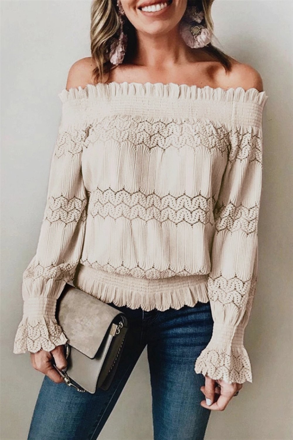 Creamtopmall Casual Off Shoulder Lace Blouse