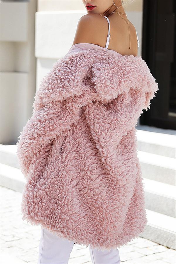 Creamtopmall Casual Pink Faux Fur Long Coat