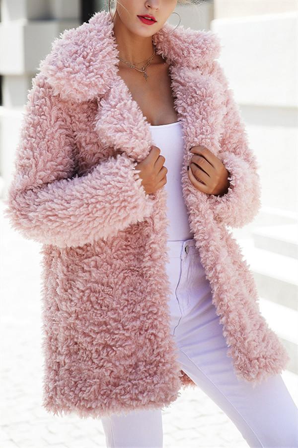 Creamtopmall Casual Pink Faux Fur Long Coat